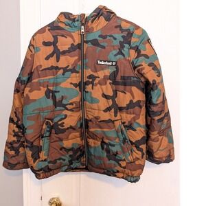 Timberland Hooded Puffer Jacket Boys Fleece Lined Camo Size Medium 10-12 years